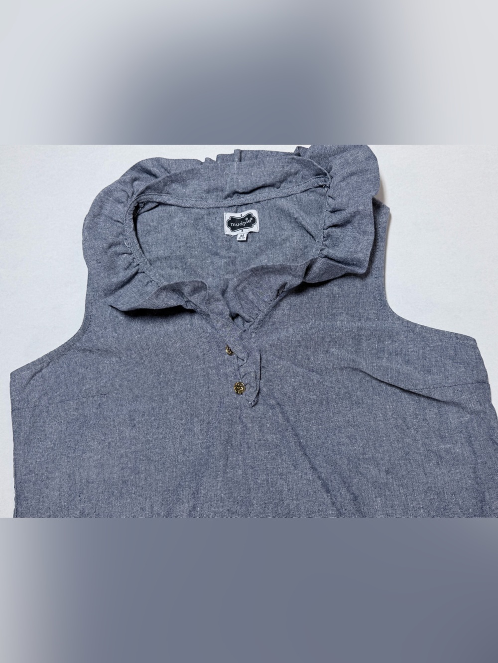 Mud Pie Chambray Ruffled Tunic Top Size M (8-10) Silk Linen Blend Gray Blue